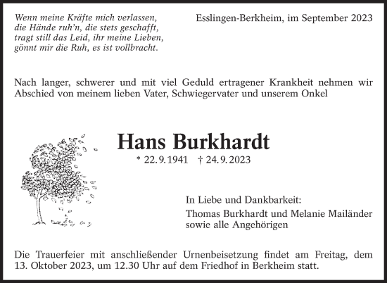 Traueranzeige von Hans Burkhardt von Eßlinger Zeitung/Cannstatter Zeitung