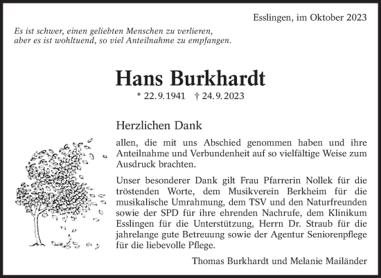 Traueranzeige von Hans Burkhardt von Eßlinger Zeitung/Cannstatter Zeitung