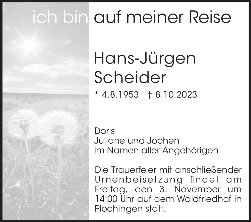  Traueranzeige für Hans-Jürgen Scheider vom 21.10.2023 aus Eßlinger Zeitung/Cannstatter Zeitung