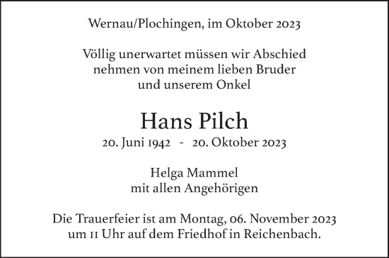 Traueranzeige von Hans Pilch von Eßlinger Zeitung/Cannstatter Zeitung