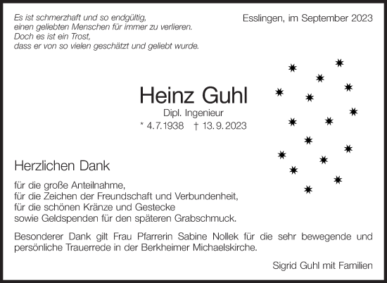 Traueranzeige von Heinz Guhl von Eßlinger Zeitung/Cannstatter Zeitung