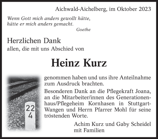 Traueranzeige von Heinz Kurz von Eßlinger Zeitung/Cannstatter Zeitung