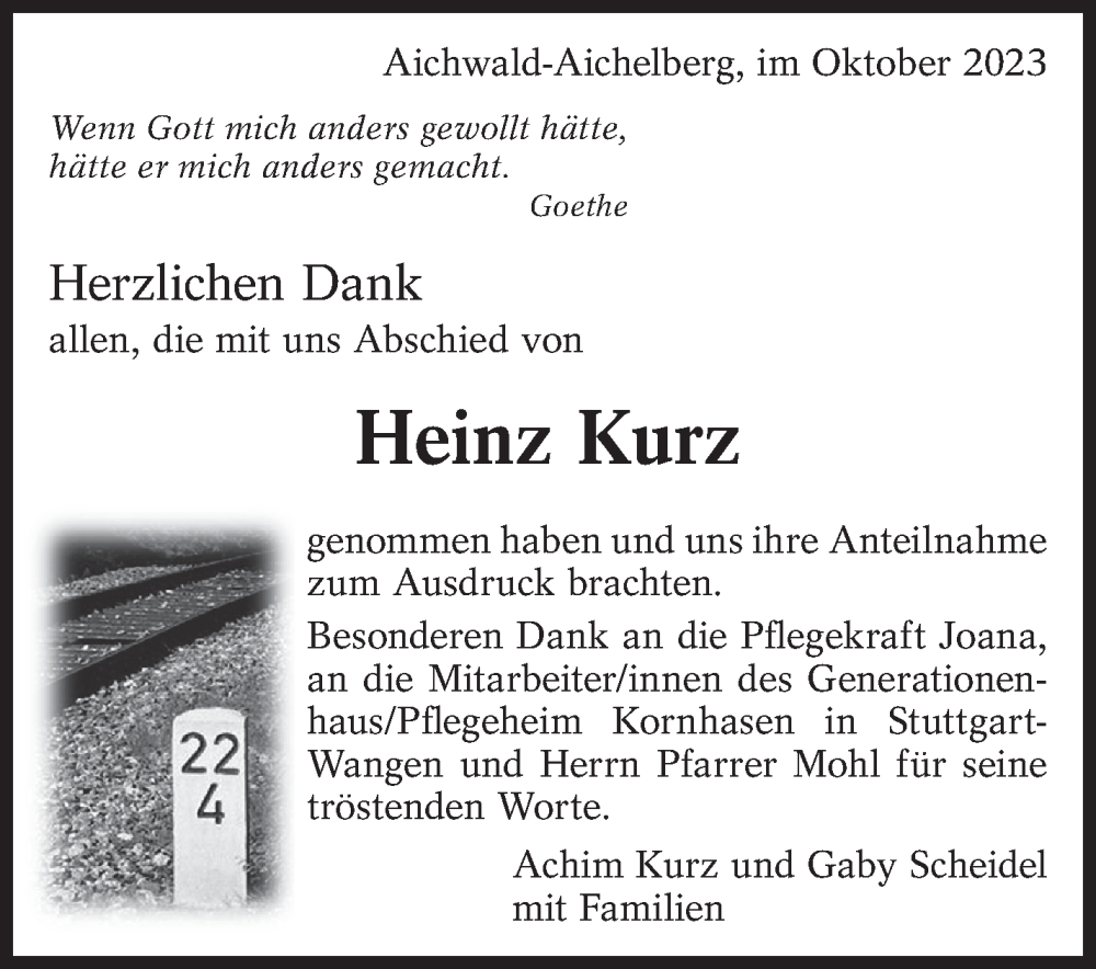  Traueranzeige für Heinz Kurz vom 14.10.2023 aus Eßlinger Zeitung/Cannstatter Zeitung