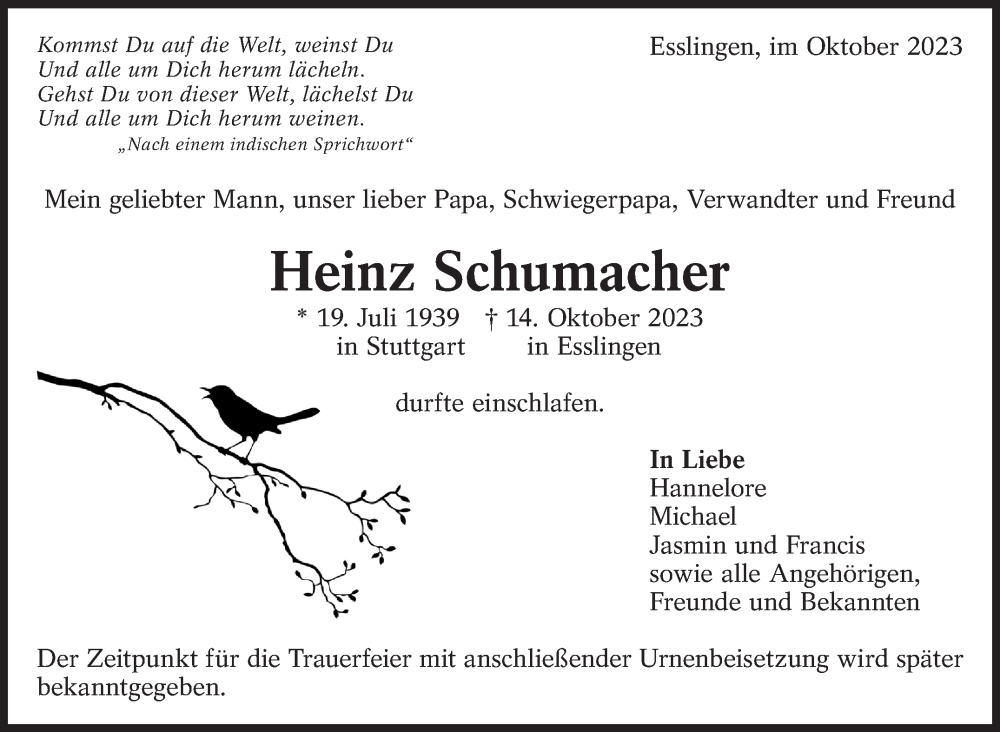  Traueranzeige für Heinz Schumacher vom 21.10.2023 aus Eßlinger Zeitung/Cannstatter Zeitung