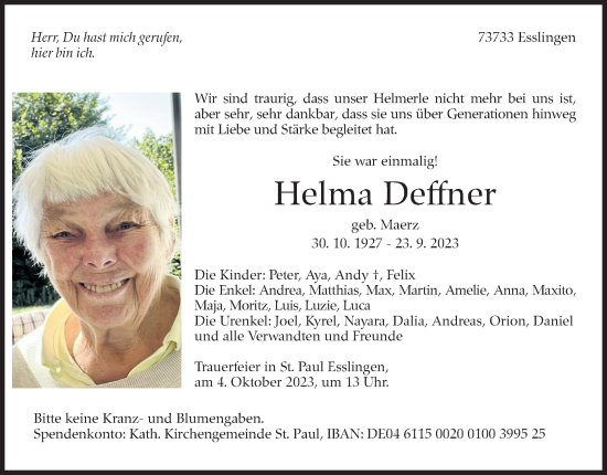 Traueranzeige von Helma Deffner von Eßlinger Zeitung/Cannstatter Zeitung