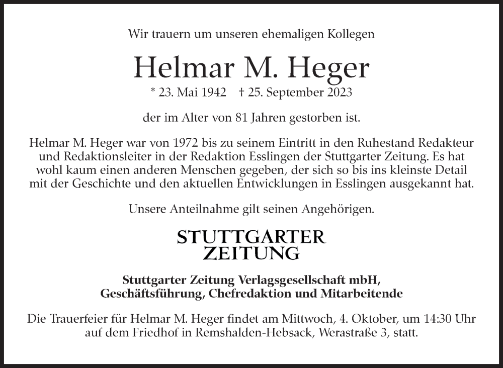  Traueranzeige für Helmar M. Heger vom 02.10.2023 aus Eßlinger Zeitung/Cannstatter Zeitung