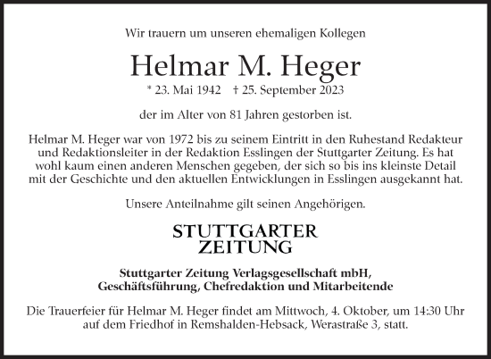 Traueranzeige von Helmar M. Heger von Eßlinger Zeitung/Cannstatter Zeitung