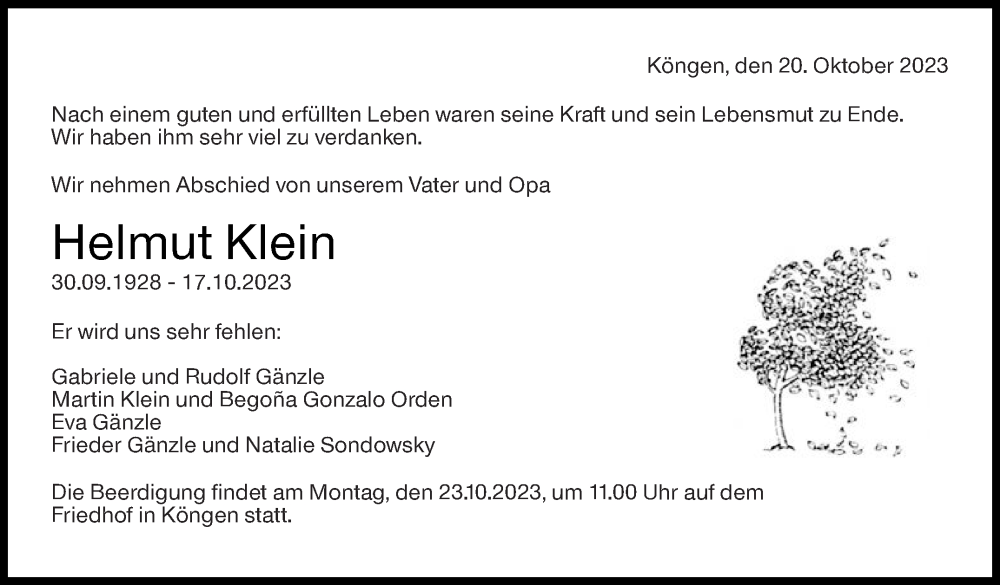  Traueranzeige für Helmut Klein vom 20.10.2023 aus Eßlinger Zeitung/Cannstatter Zeitung
