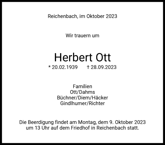 Traueranzeige von Herbert Ott von Eßlinger Zeitung/Cannstatter Zeitung