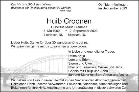 Traueranzeige von Huib Croonen von Eßlinger Zeitung/Cannstatter Zeitung