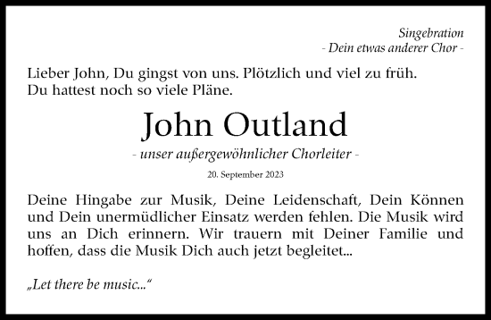 Traueranzeige von John Outland von Eßlinger Zeitung/Cannstatter Zeitung