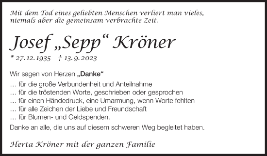 Traueranzeige von Josef Kröner von Eßlinger Zeitung/Cannstatter Zeitung