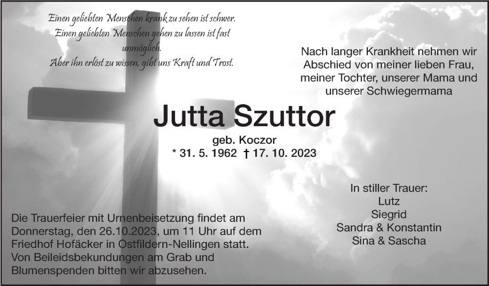  Traueranzeige für Jutta Szuttor vom 24.10.2023 aus Eßlinger Zeitung/Cannstatter Zeitung