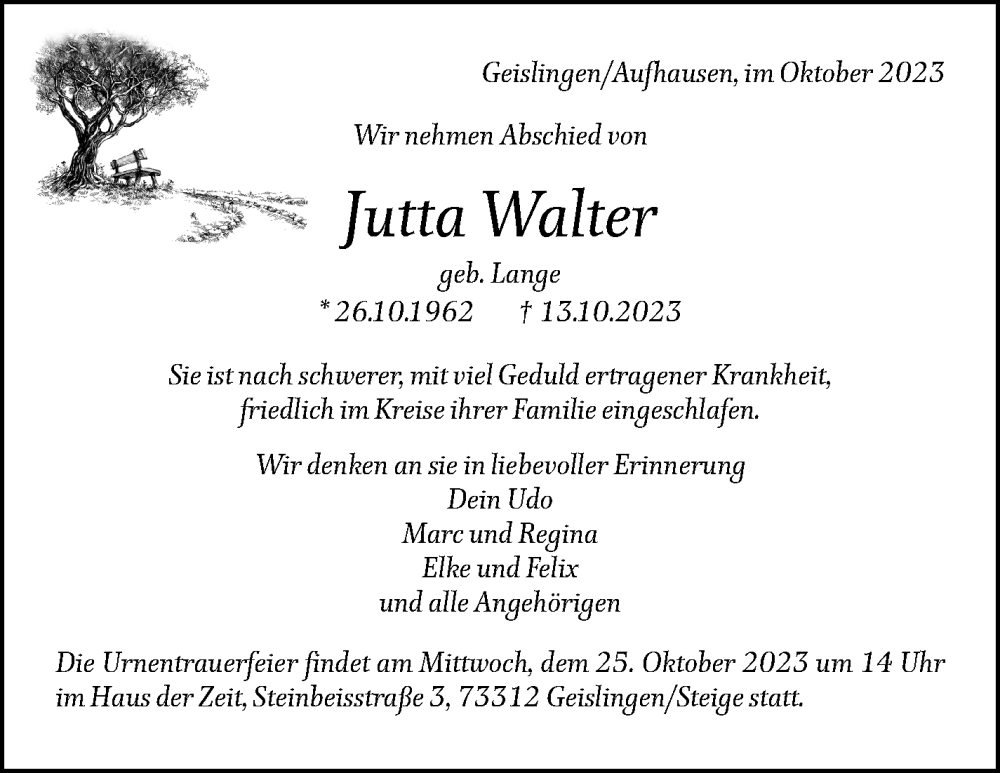 Traueranzeige für Jutta Walter vom 20.10.2023 aus Eßlinger Zeitung/Cannstatter Zeitung