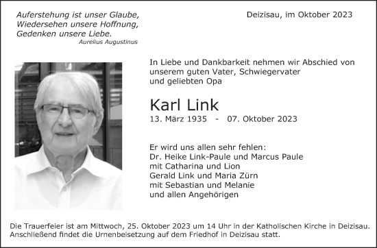 Traueranzeige von Karl Link von Eßlinger Zeitung/Cannstatter Zeitung