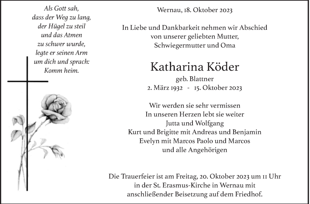  Traueranzeige für Katharina Köder vom 19.10.2023 aus Eßlinger Zeitung/Cannstatter Zeitung