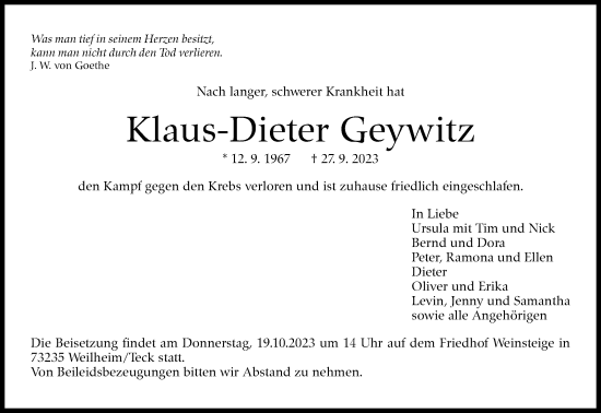 Traueranzeige von Klaus-Dieter Geywitz von Eßlinger Zeitung/Cannstatter Zeitung