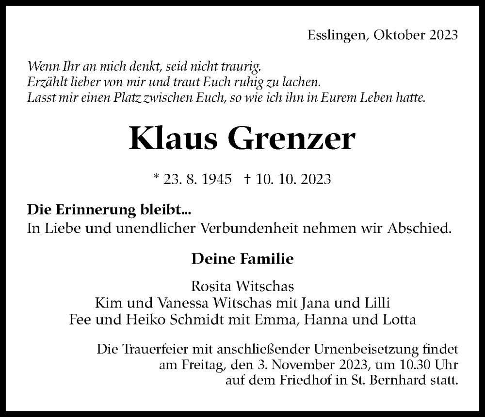  Traueranzeige für Klaus Grenzer vom 28.10.2023 aus Eßlinger Zeitung/Cannstatter Zeitung
