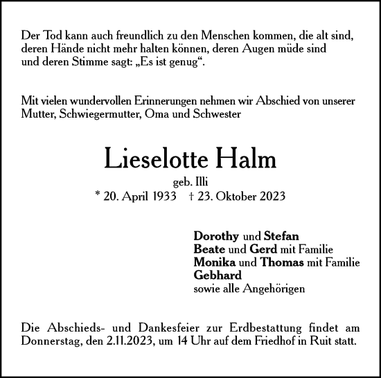 Traueranzeige von Lieselotte Halm von Eßlinger Zeitung/Cannstatter Zeitung