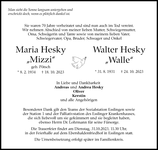 Traueranzeige von Maria Hesky von Eßlinger Zeitung/Cannstatter Zeitung