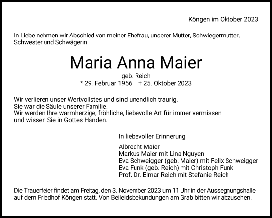 Traueranzeige von Maria Anna Maier von Eßlinger Zeitung/Cannstatter Zeitung