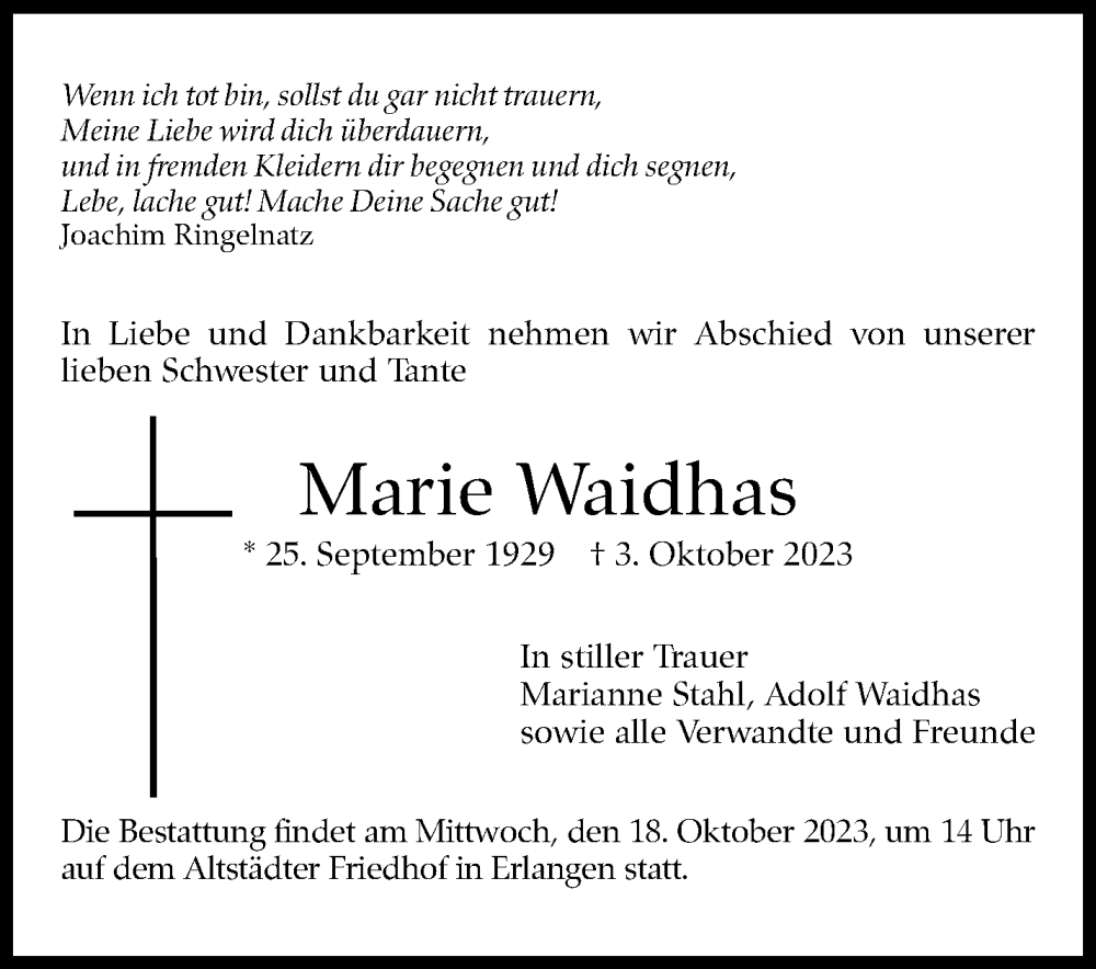  Traueranzeige für Marie Waidhas vom 14.10.2023 aus Eßlinger Zeitung/Cannstatter Zeitung