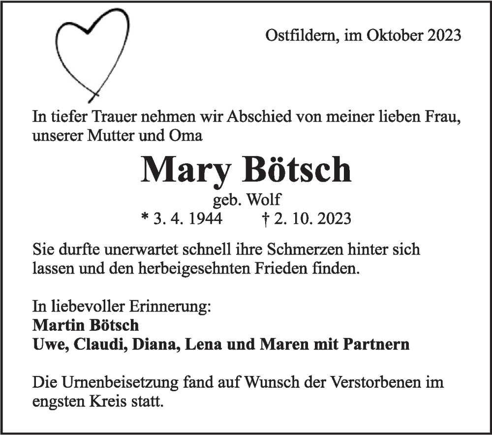  Traueranzeige für Mary Bötsch vom 21.10.2023 aus Eßlinger Zeitung/Cannstatter Zeitung