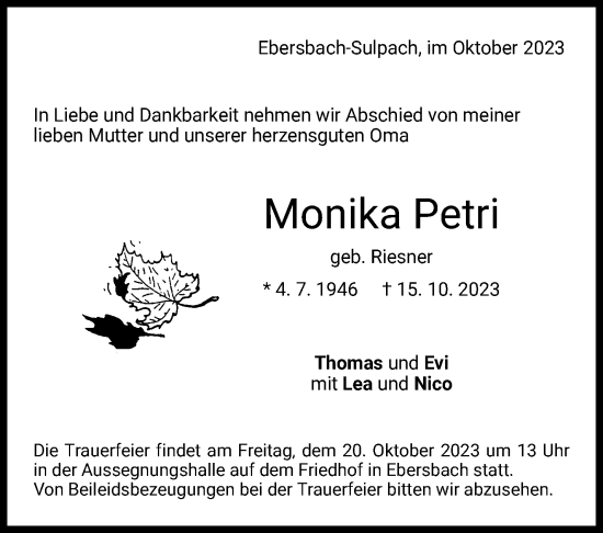 Traueranzeige von Monika Petri von Eßlinger Zeitung/Cannstatter Zeitung