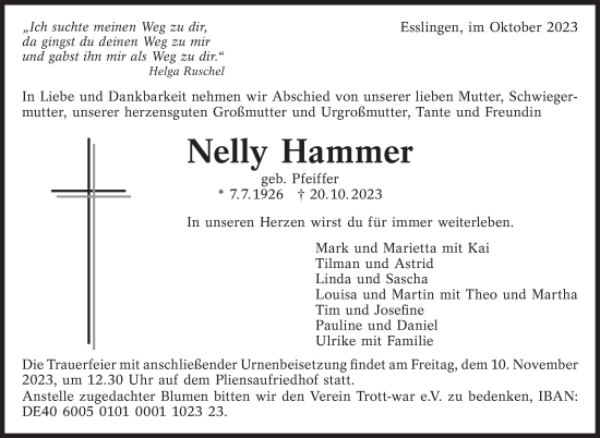 Traueranzeige von Nelly Hammer von Eßlinger Zeitung/Cannstatter Zeitung