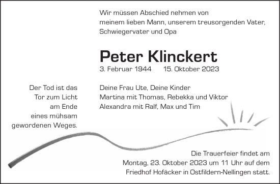 Traueranzeige von Peter Klinckert von Eßlinger Zeitung/Cannstatter Zeitung