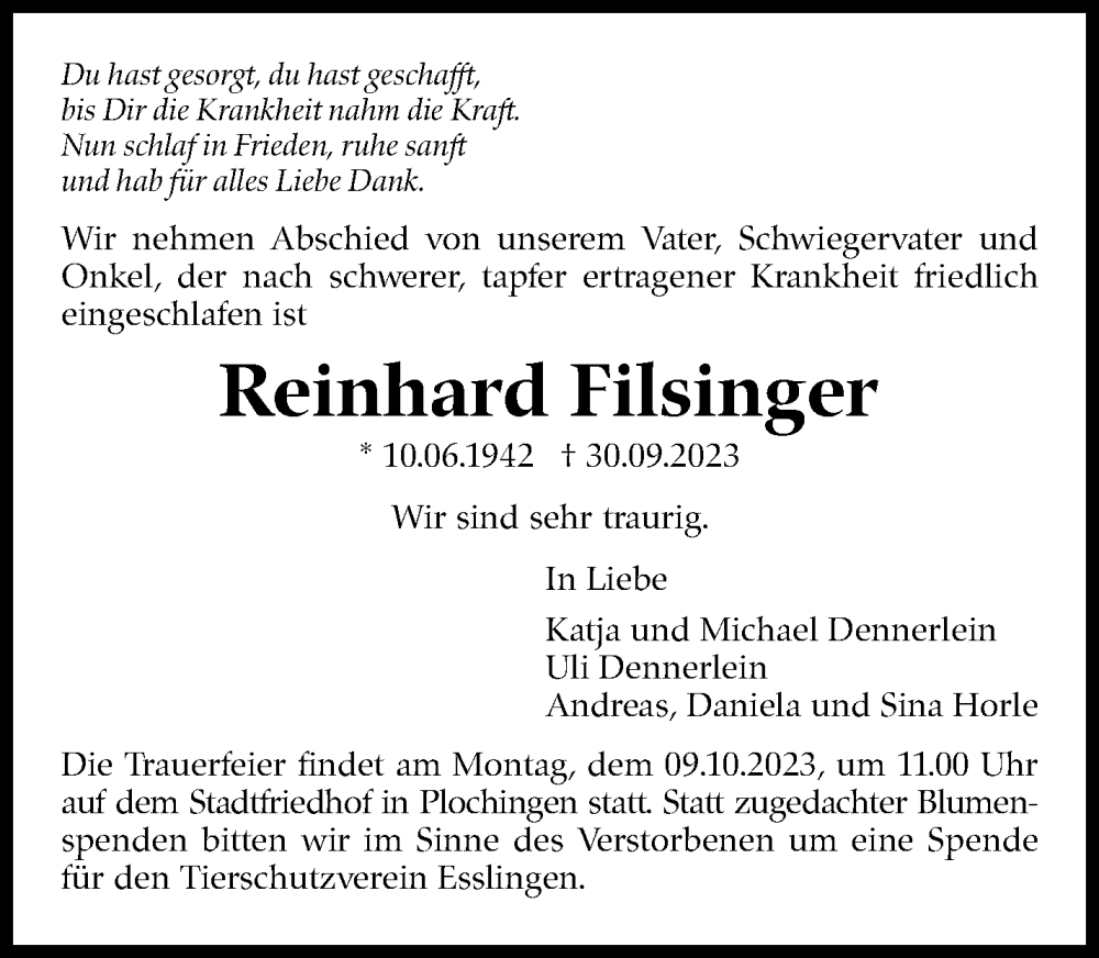  Traueranzeige für Reinhard Filsinger vom 06.10.2023 aus Eßlinger Zeitung/Cannstatter Zeitung