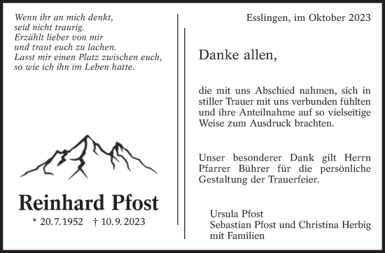 Traueranzeige von Reinhard Pfost von Eßlinger Zeitung/Cannstatter Zeitung