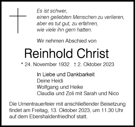 Traueranzeige von Reinhold Christ von Eßlinger Zeitung/Cannstatter Zeitung