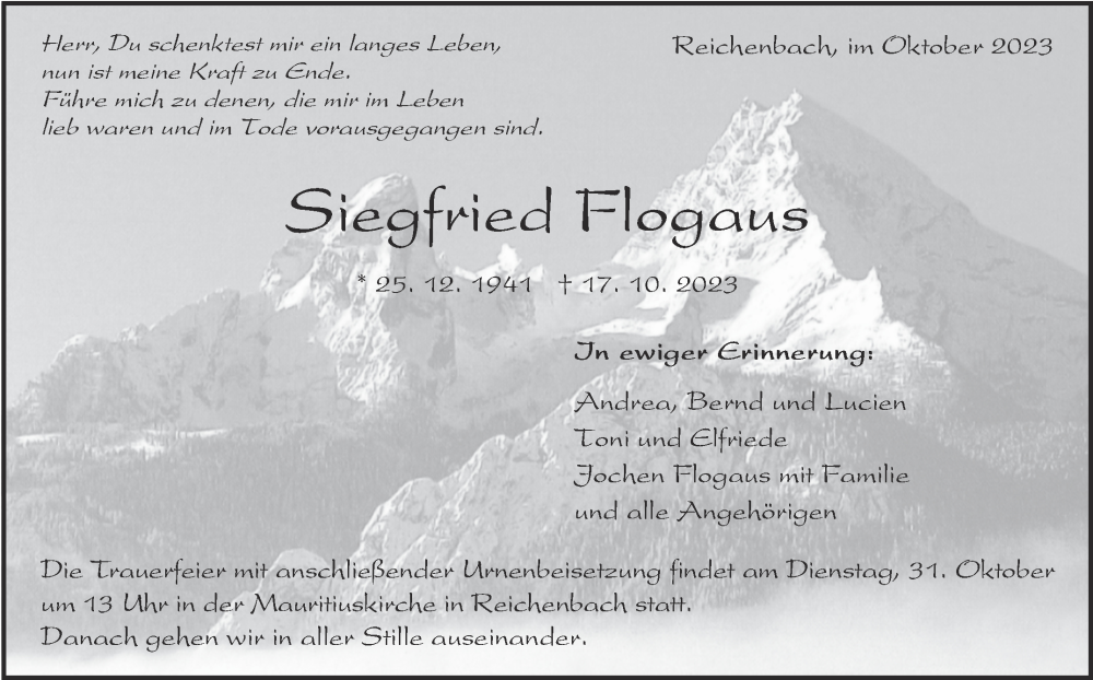  Traueranzeige für Siegfried Flogaus vom 27.10.2023 aus Eßlinger Zeitung/Cannstatter Zeitung