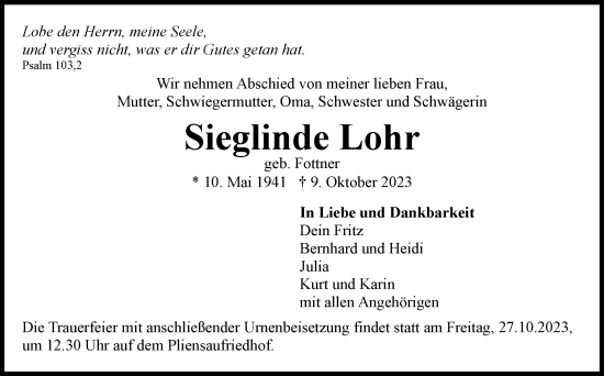 Traueranzeige von Sieglinde Lohr von Eßlinger Zeitung/Cannstatter Zeitung