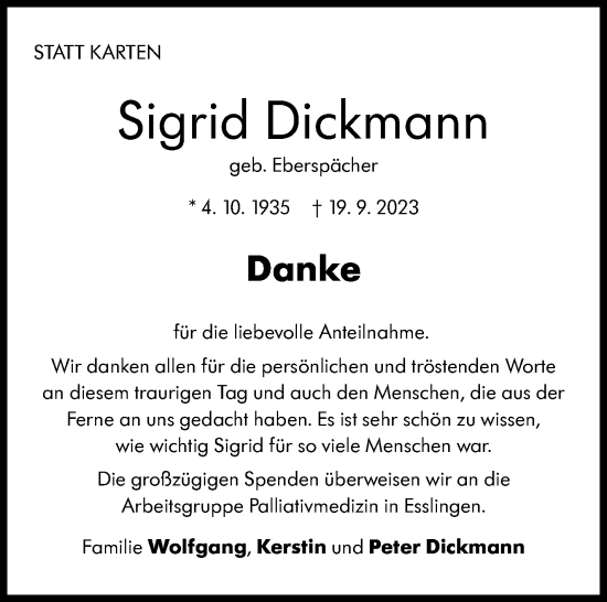 Traueranzeige von Sigrid Dickmann von Eßlinger Zeitung/Cannstatter Zeitung