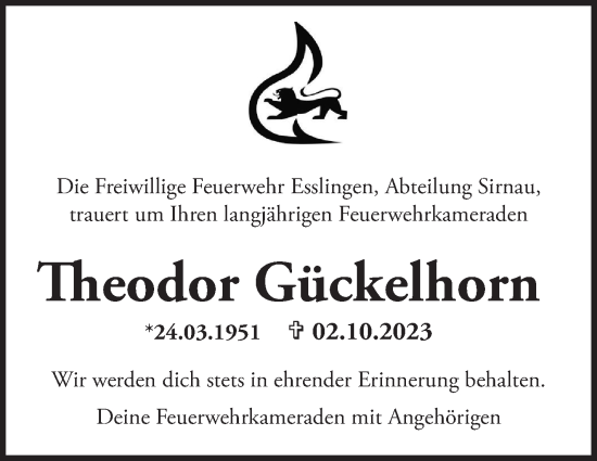 Traueranzeige von Theodor Gückelhorn von Eßlinger Zeitung/Cannstatter Zeitung