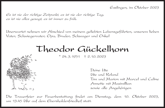 Traueranzeige von Theodor Gückelhorn von Eßlinger Zeitung/Cannstatter Zeitung