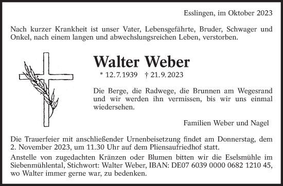 Traueranzeige von Walter Weber von Eßlinger Zeitung/Cannstatter Zeitung