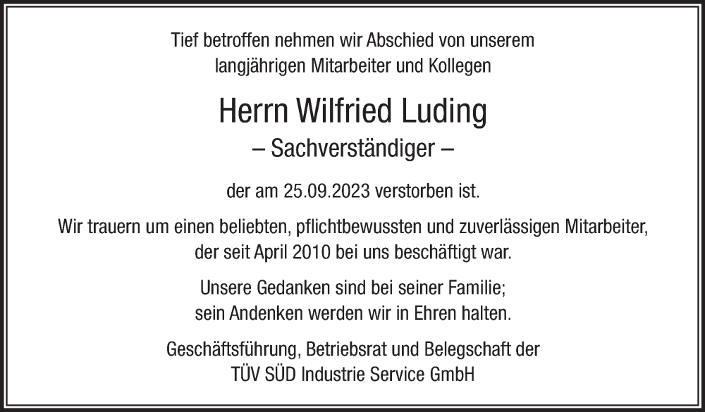  Traueranzeige für Wilfried Luding vom 05.10.2023 aus Eßlinger Zeitung/Cannstatter Zeitung