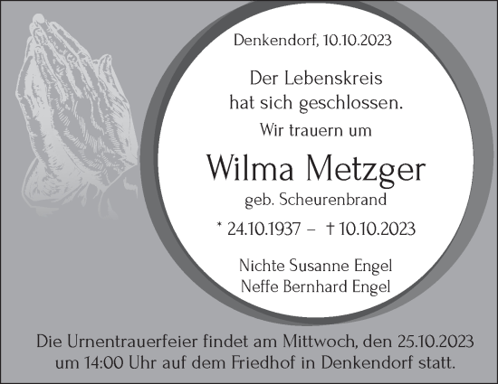 Traueranzeige von Wilma Metzger von Eßlinger Zeitung/Cannstatter Zeitung