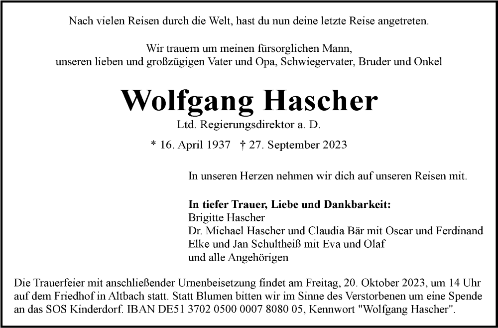  Traueranzeige für Wolfgang Hascher vom 14.10.2023 aus Eßlinger Zeitung/Cannstatter Zeitung