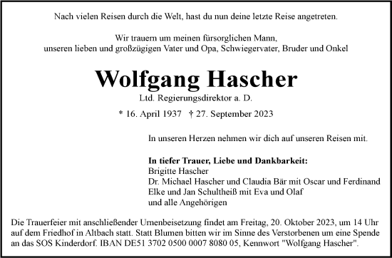 Traueranzeige von Wolfgang Hascher von Eßlinger Zeitung/Cannstatter Zeitung