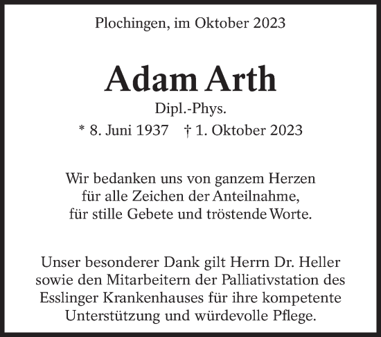 Traueranzeige von Adam Arth von Eßlinger Zeitung/Cannstatter Zeitung
