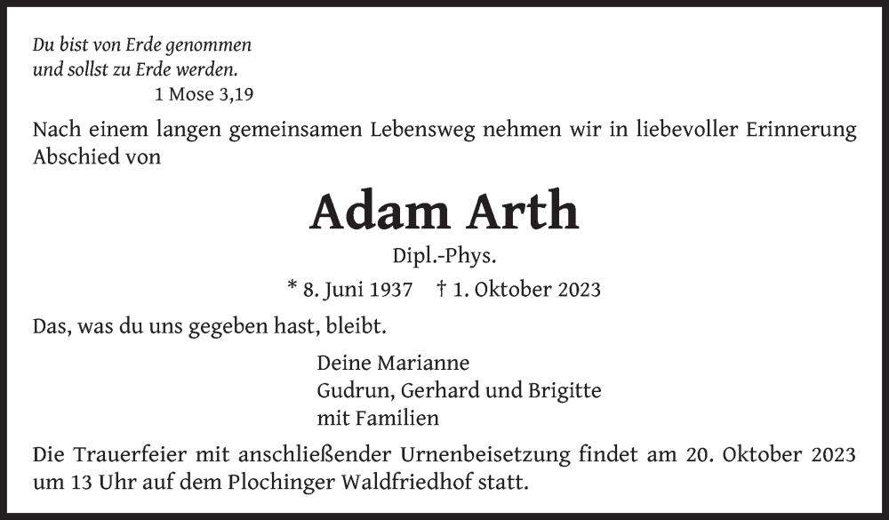  Traueranzeige für Adam Arth vom 14.10.2023 aus Eßlinger Zeitung/Cannstatter Zeitung
