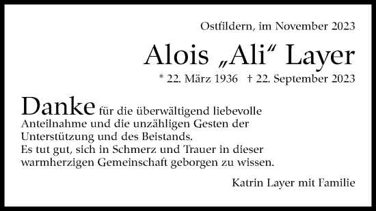 Traueranzeige von Alois Layer von Eßlinger Zeitung/Cannstatter Zeitung