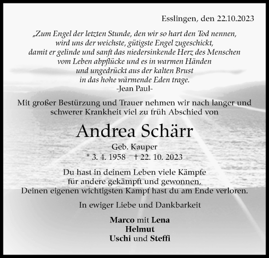 Traueranzeige von Andrea Schärr von Eßlinger Zeitung/Cannstatter Zeitung