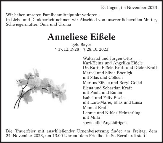 Traueranzeige von Anneliese Eißele von Eßlinger Zeitung/Cannstatter Zeitung