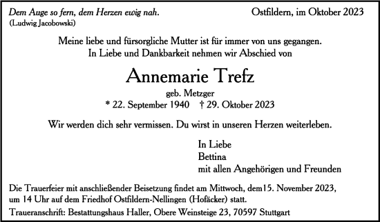 Traueranzeige von Annemarie Trefz von Eßlinger Zeitung/Cannstatter Zeitung