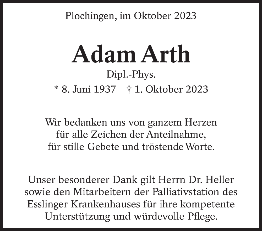  Traueranzeige für Adam Arth vom 28.10.2023 aus Eßlinger Zeitung/Cannstatter Zeitung